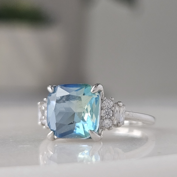 Blue & Teal Aquamarine Cushion Square Gemstone Ring, 925 Sterling Silver - Picture 2 of 5